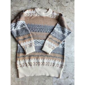 S19 Davi & Dani Blue Tan & White Design Long Sleeve Crew Neck Sweater Sz Medium